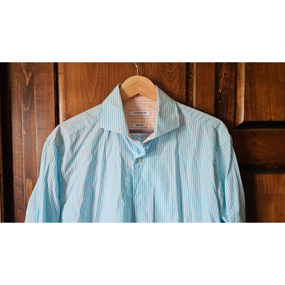 Isaac Mizrahi Striped Sky Blue Men's Slim Fit Dress Shirt | 16